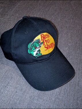 Bass Pro Shops Black Hat with Yellow Logo and Green Fish Patch